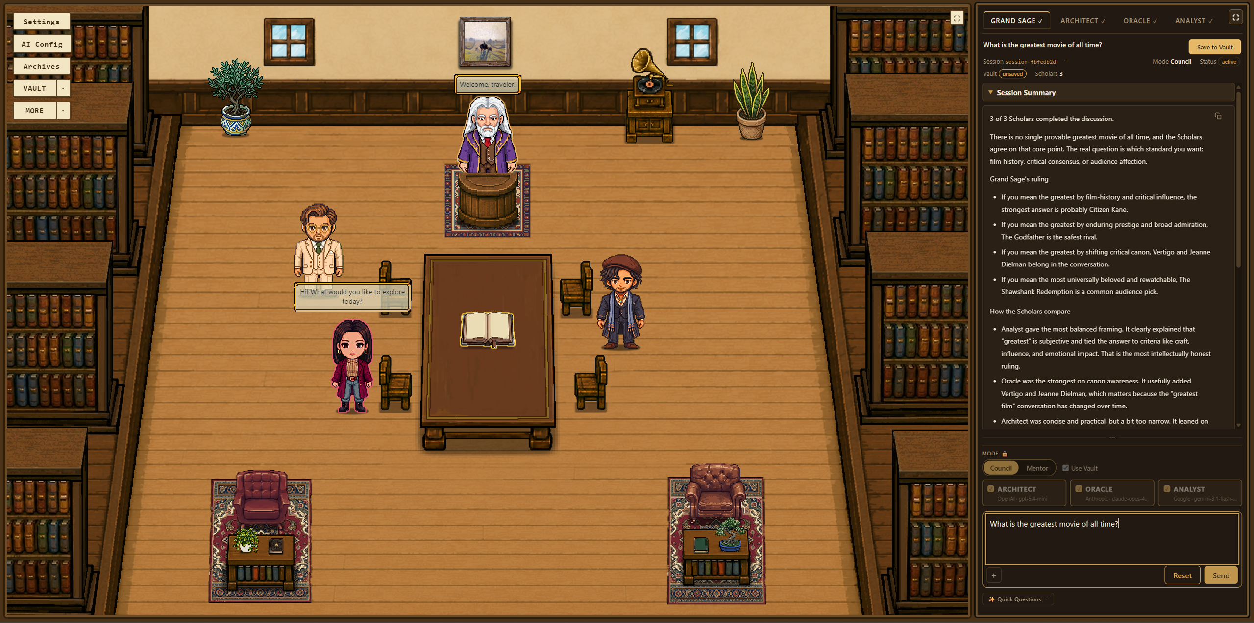 Aether Library gameplay interface inside a pixel-art library